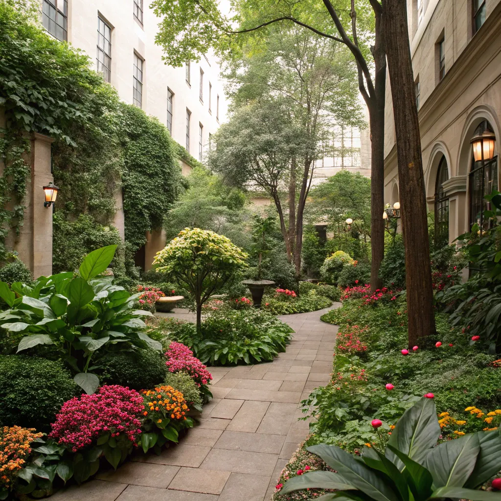Lush courtyard with diverse plantings